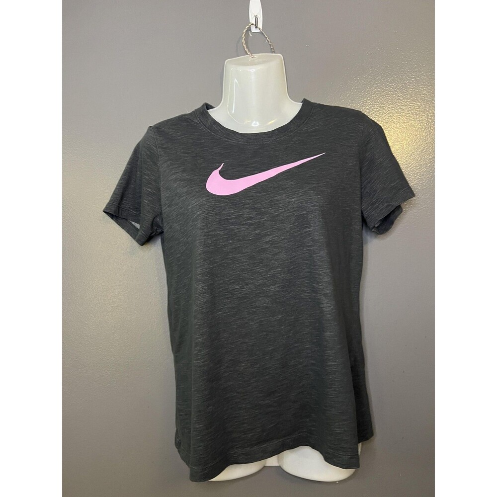 Nike Shirt Womens Small Gray Dri-FIT Pink Swoosh Logo Crewneck Tee Athletic
